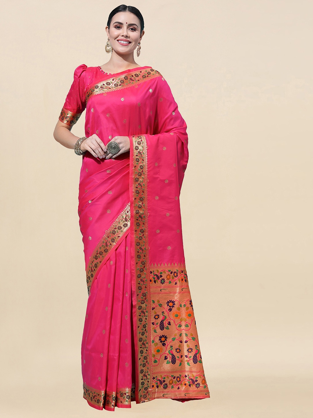

Satrani Pink & Red Woven Design Zari Paithani Saree