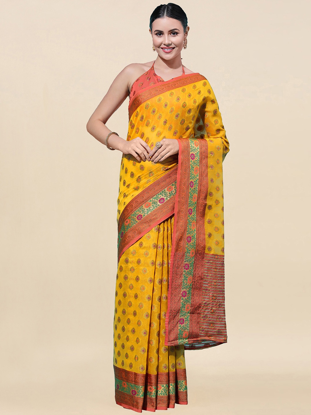 

Satrani Yellow & Brown Woven Design Zari Banarasi Saree