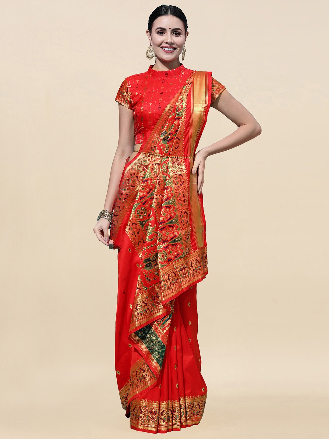 

Satrani Red & Gold-Toned Woven Design Zari Silk Cotton Banarasi Saree