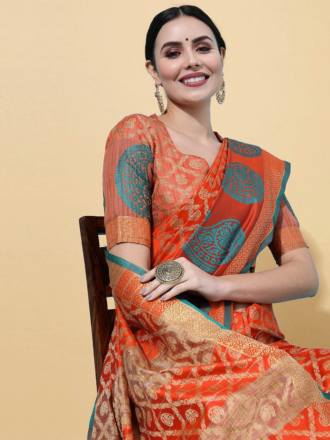 

Satrani Women's Orange Silk Cotton Jacquard Saree