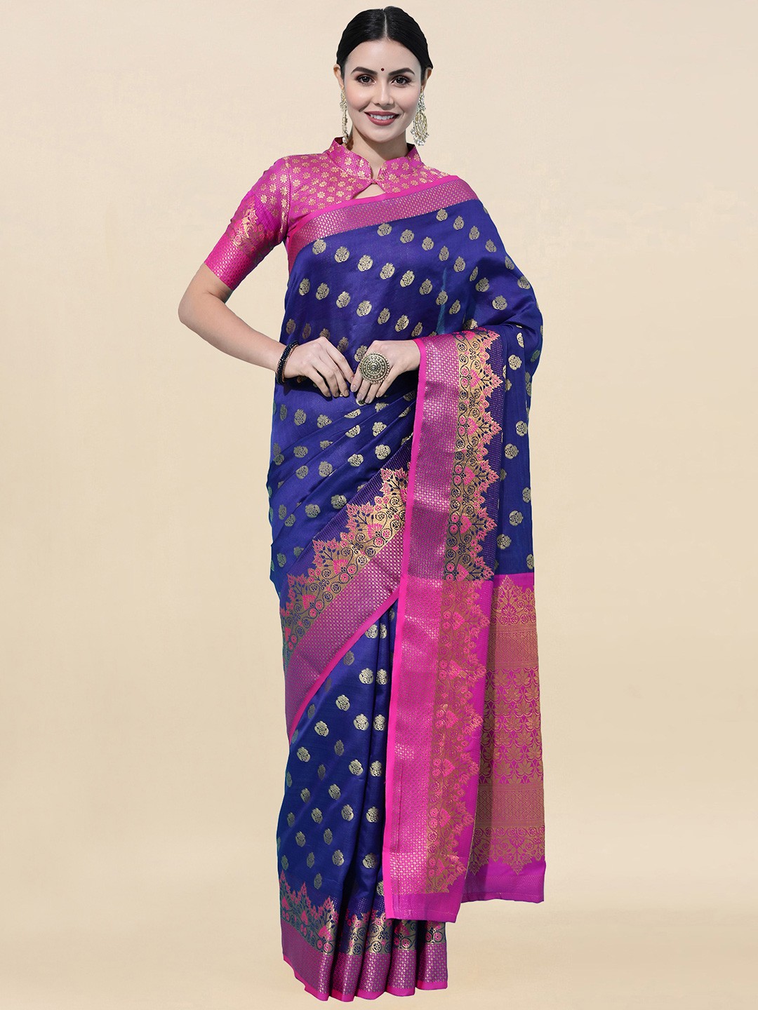 

Satrani Women's Navy Blue Poly Silk Jacquard Saree