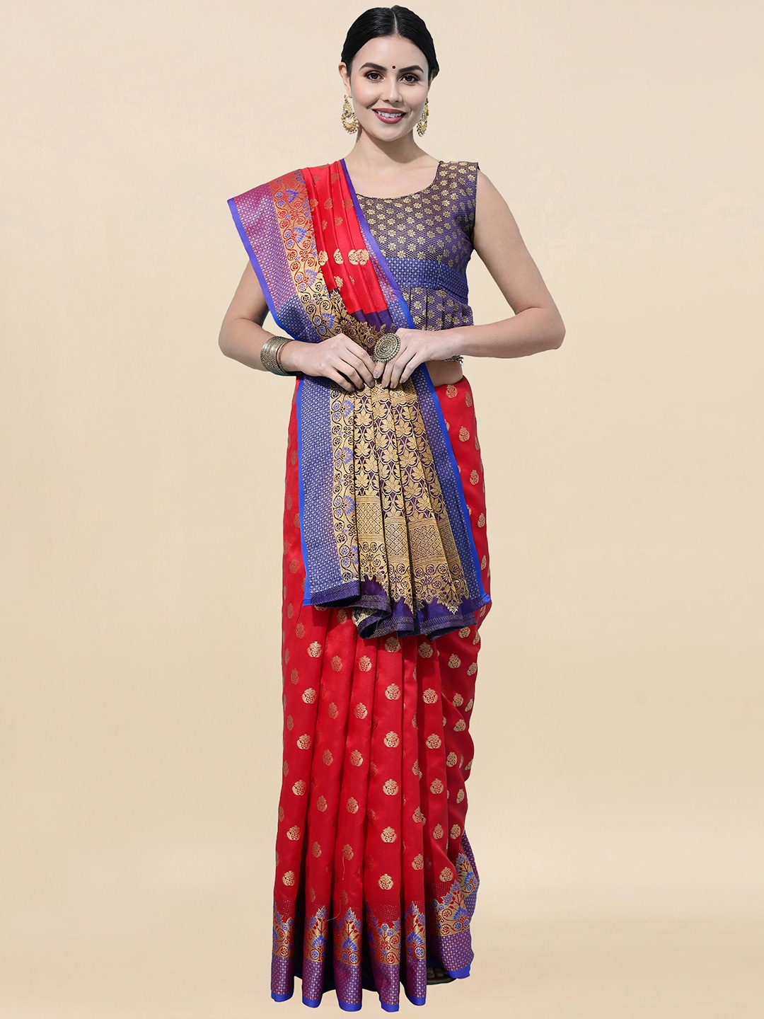 

Satrani Women Red & Blue Floral Zari Banarasi Saree