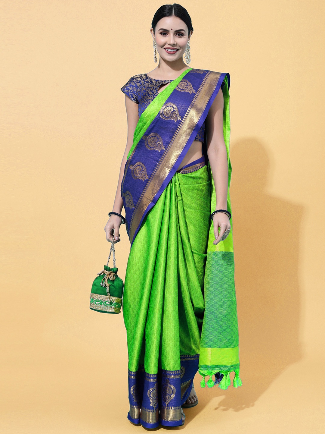 

Satrani Green & Blue Paisley Zari Silk Cotton Saree