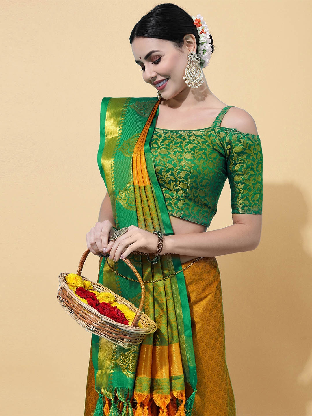 

Satrani Women Yellow & Gold-Toned Woven Design Zari Silk Cotton Saree