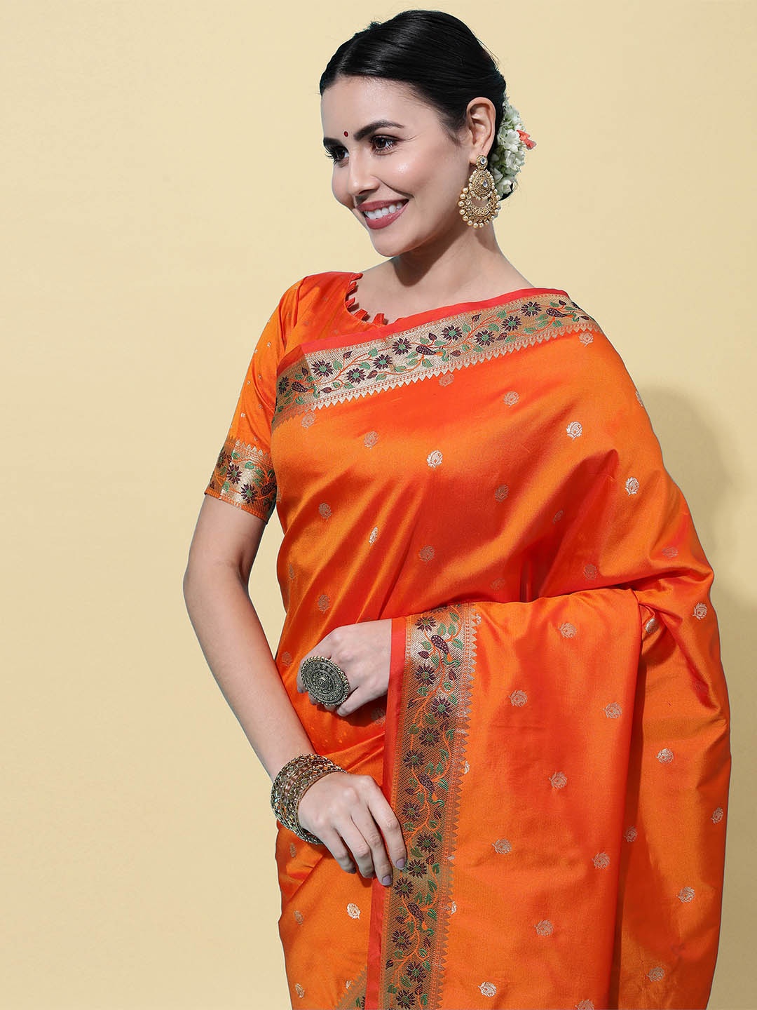 

Satrani Orange & Gold-Toned Woven Design Zari Paithani Saree