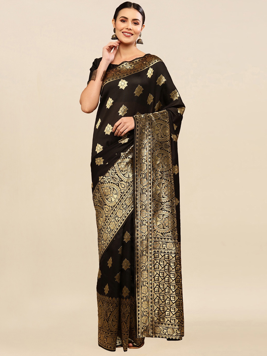 

Satrani Black & Gold-Toned Woven Design Zari Banarasi Saree