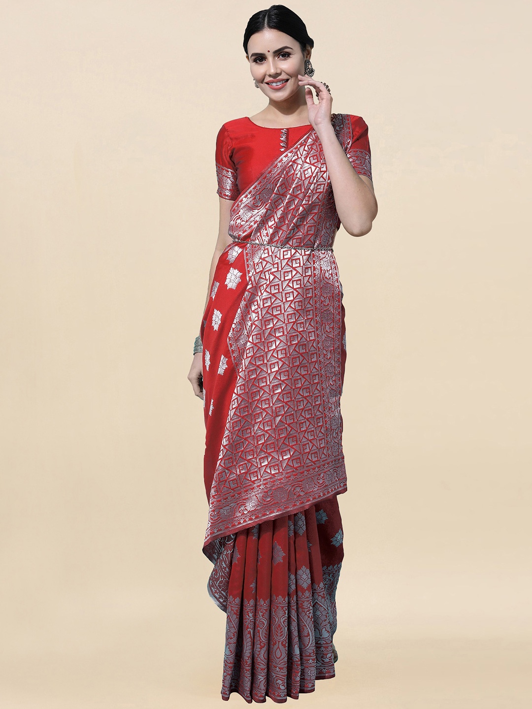 

Satrani Red & Silver-Toned Woven Design Zari Banarasi Saree