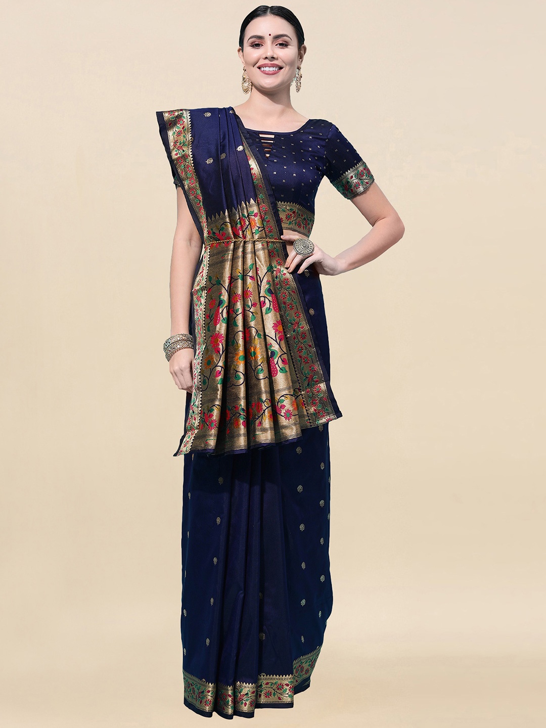 

Satrani Navy Blue & Gold-Toned Floral Poly Silk Paithani Saree