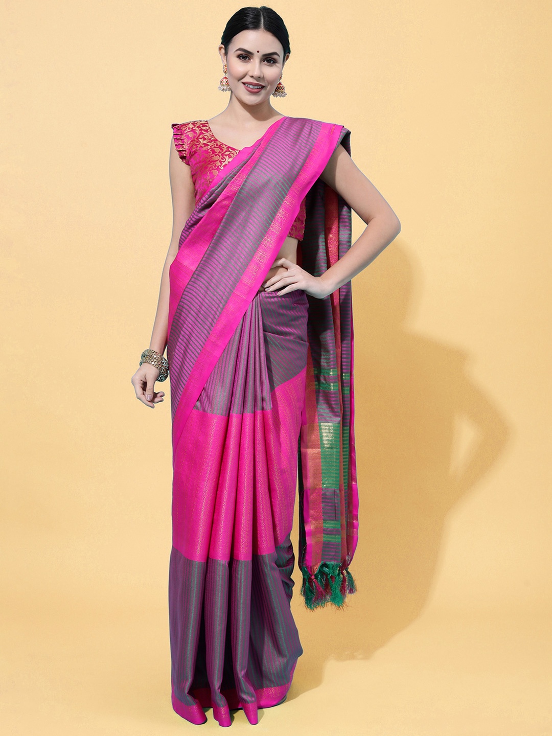 

Satrani Pink & Purple Woven Design Zari Silk Cotton Ready to Wear Saree