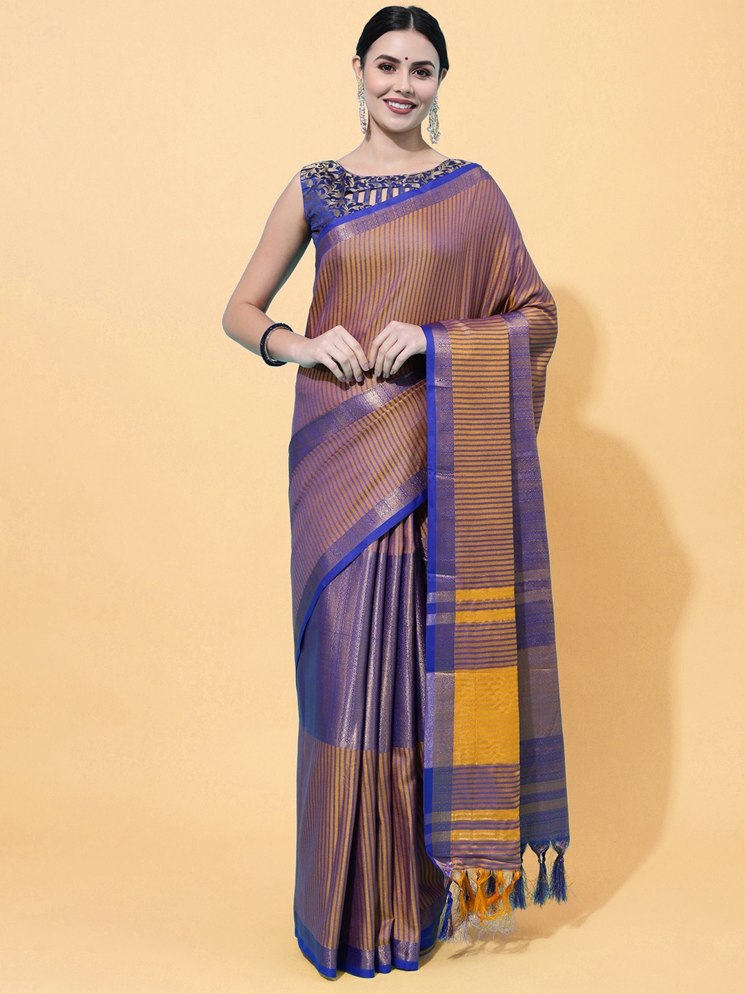 

Satrani Yellow & Blue Striped Woven Saree