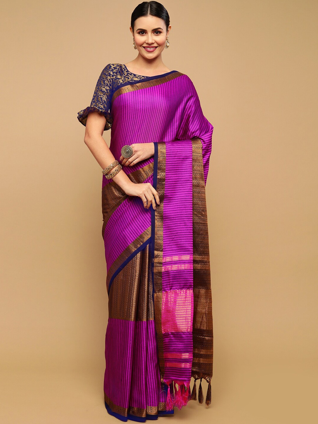 

Satrani Pink & Navy Blue Striped Zari Silk Cotton Saree
