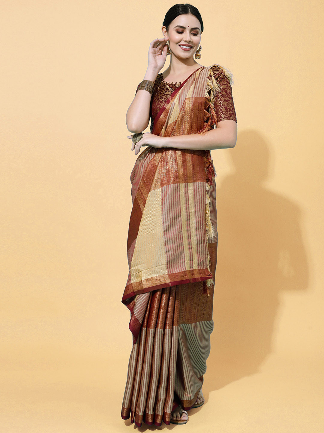 

Satrani Beige & Brown Striped Zari Silk Cotton Saree