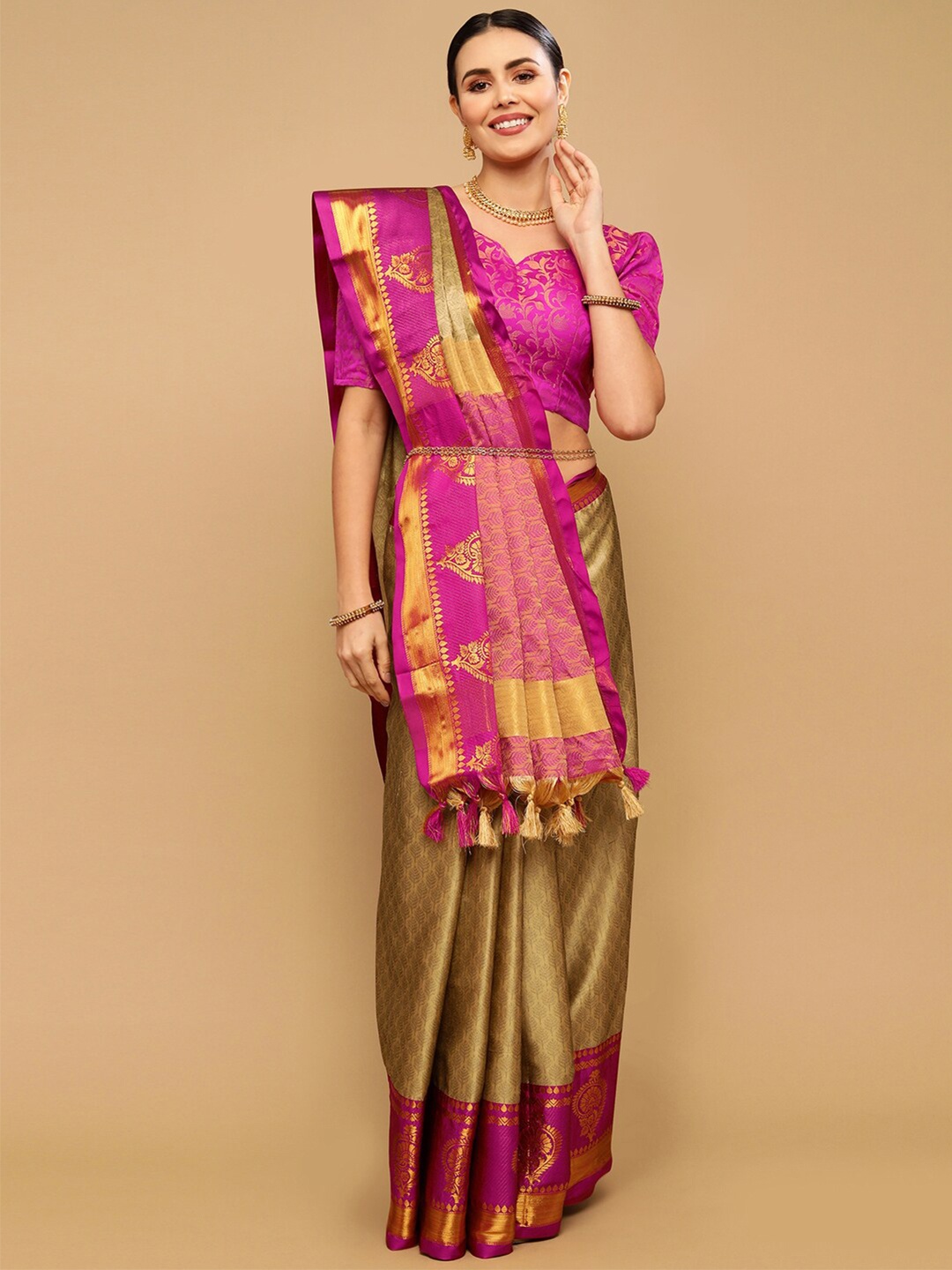 

Satrani Beige & Pink Woven Design Zari Silk Cotton Saree