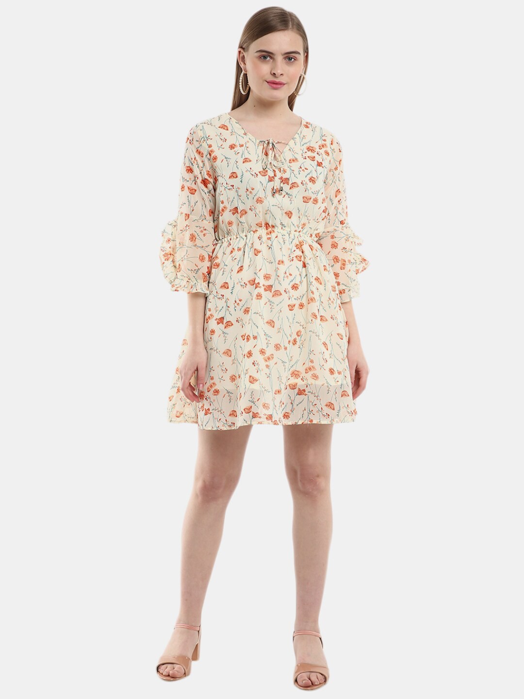 

V-Mart Cream-Coloured Floral Tie-Up Neck Satin Dress