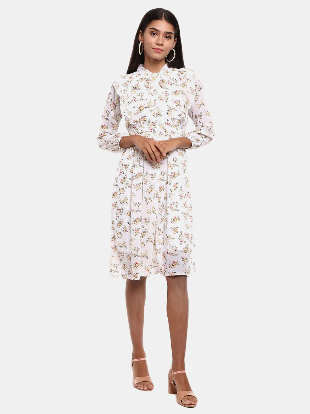 

V-Mart Off White Floral Tie-Up Neck Satin Shirt Dress