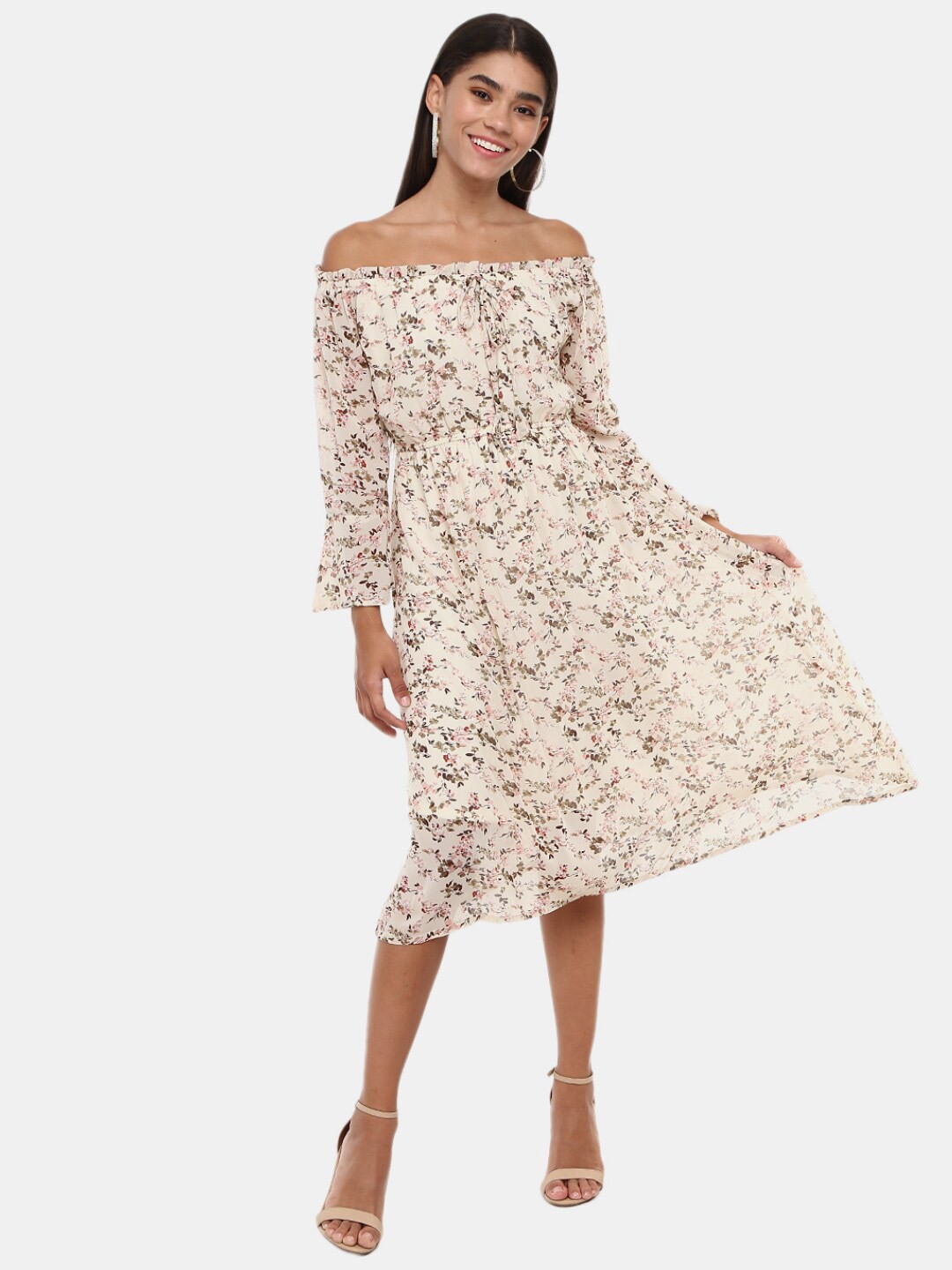 

V-Mart Women Off White Floral Off-Shoulder Satin Midi Dress