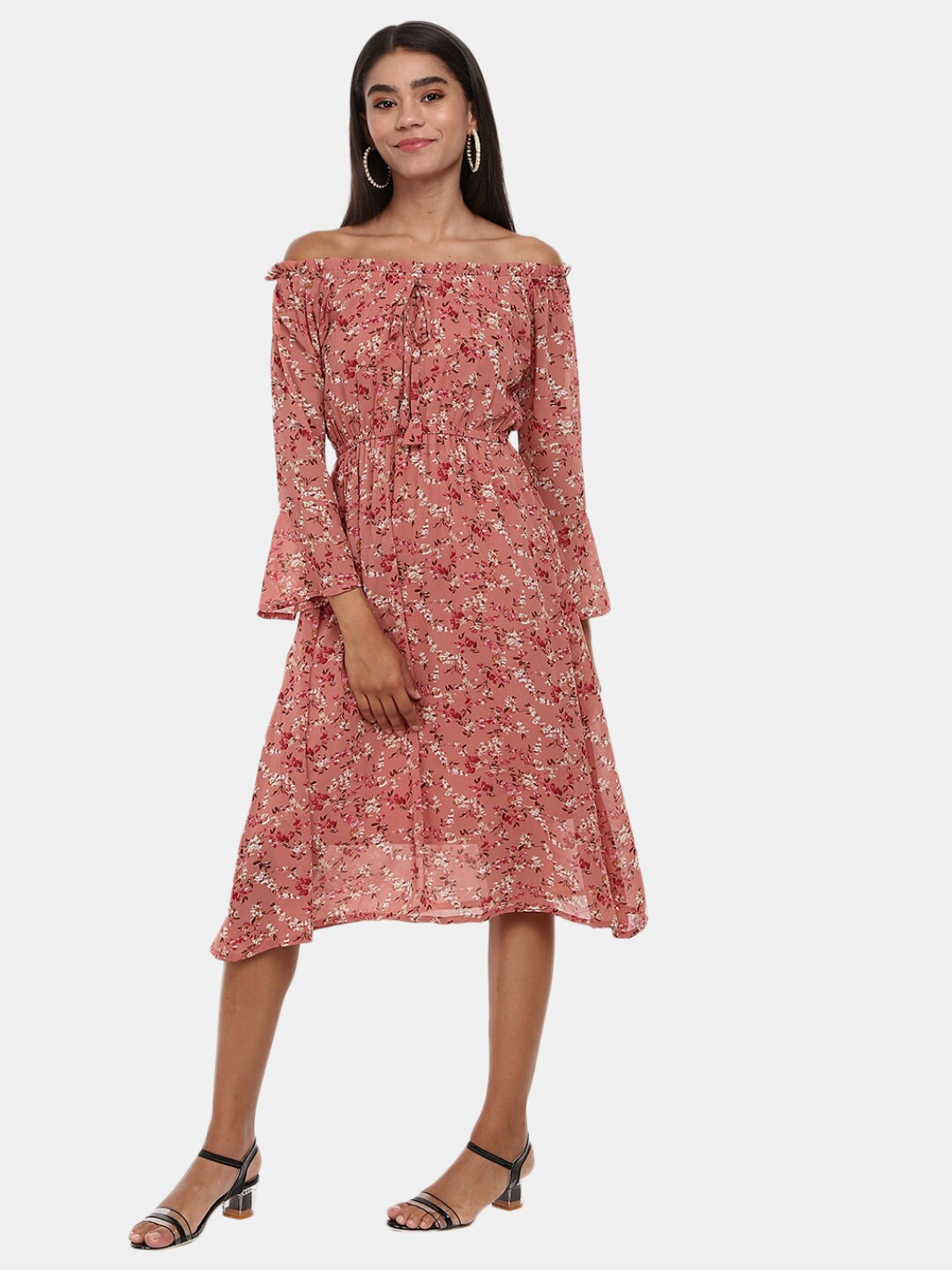 

V-Mart Peach-Coloured Floral Off-Shoulder Satin Midi Dress