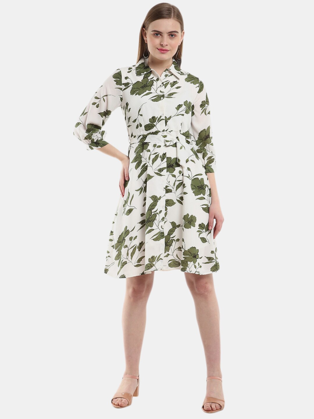 

V-Mart White & Olive Green Floral Georgette Shirt Dress