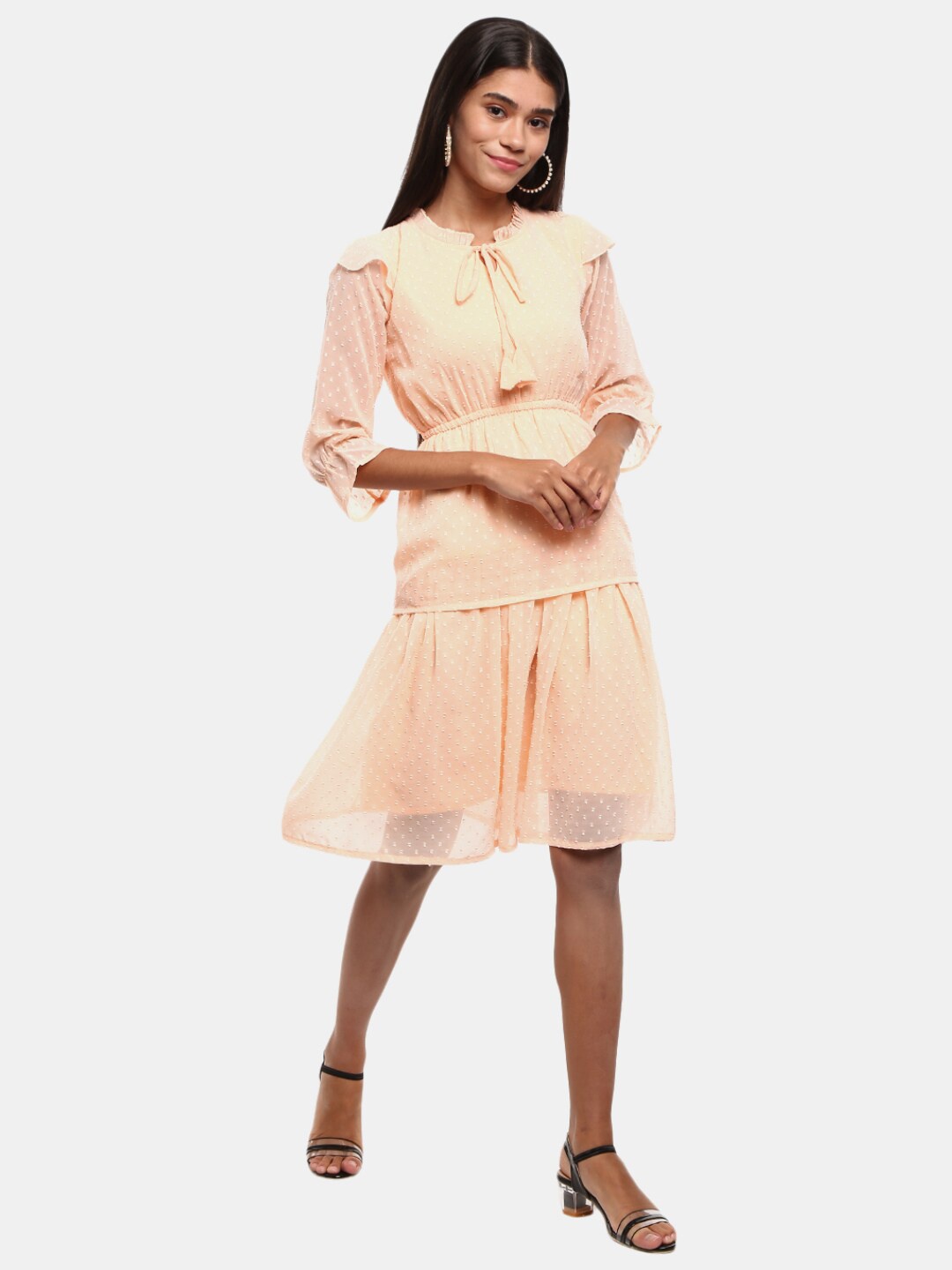 

V-Mart Peach-Coloured Tie-Up Neck Georgette Dress