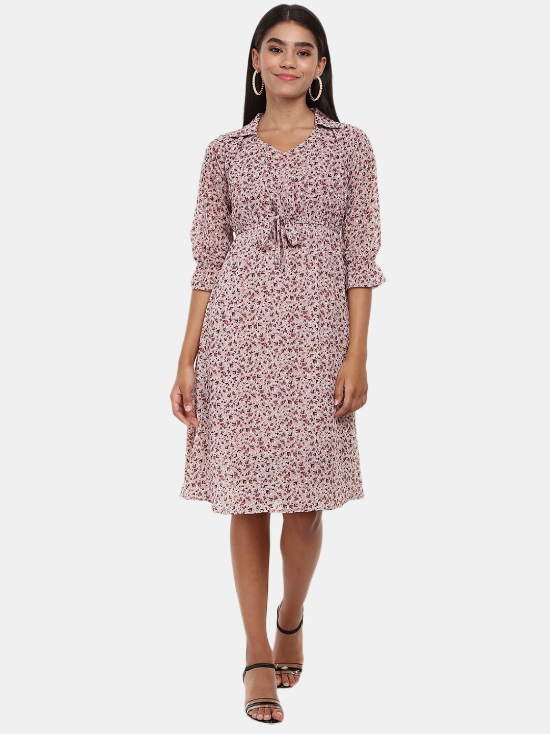 

V-Mart Pink Floral Shirt Neck Satin Dress