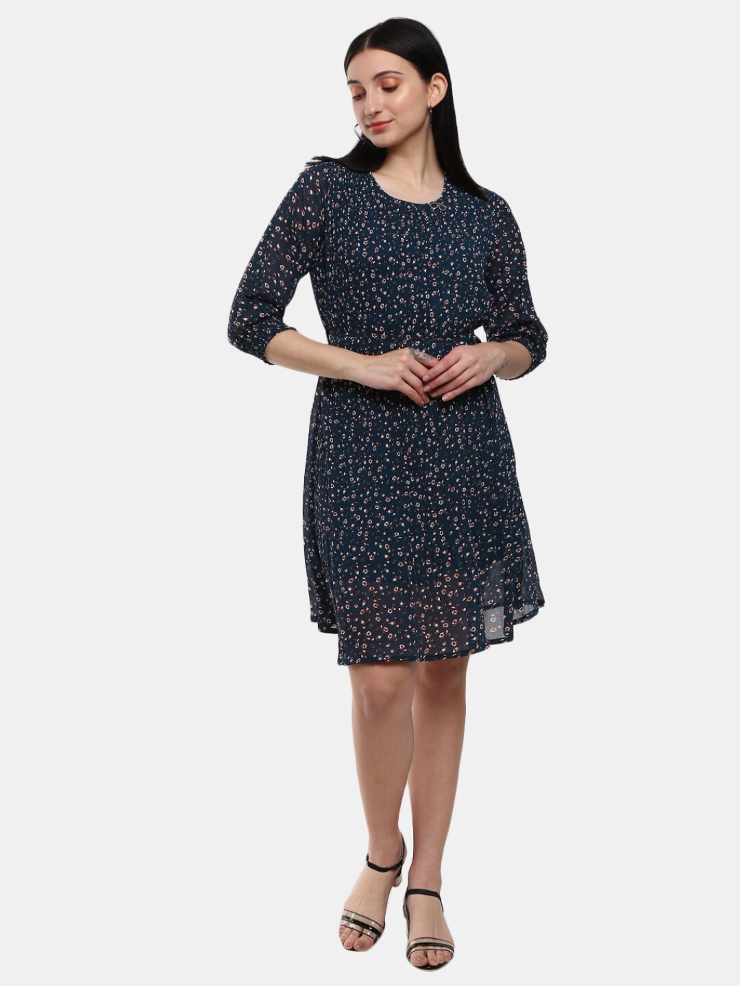 

V-Mart Teal & Red Floral Georgette A-Line Dress