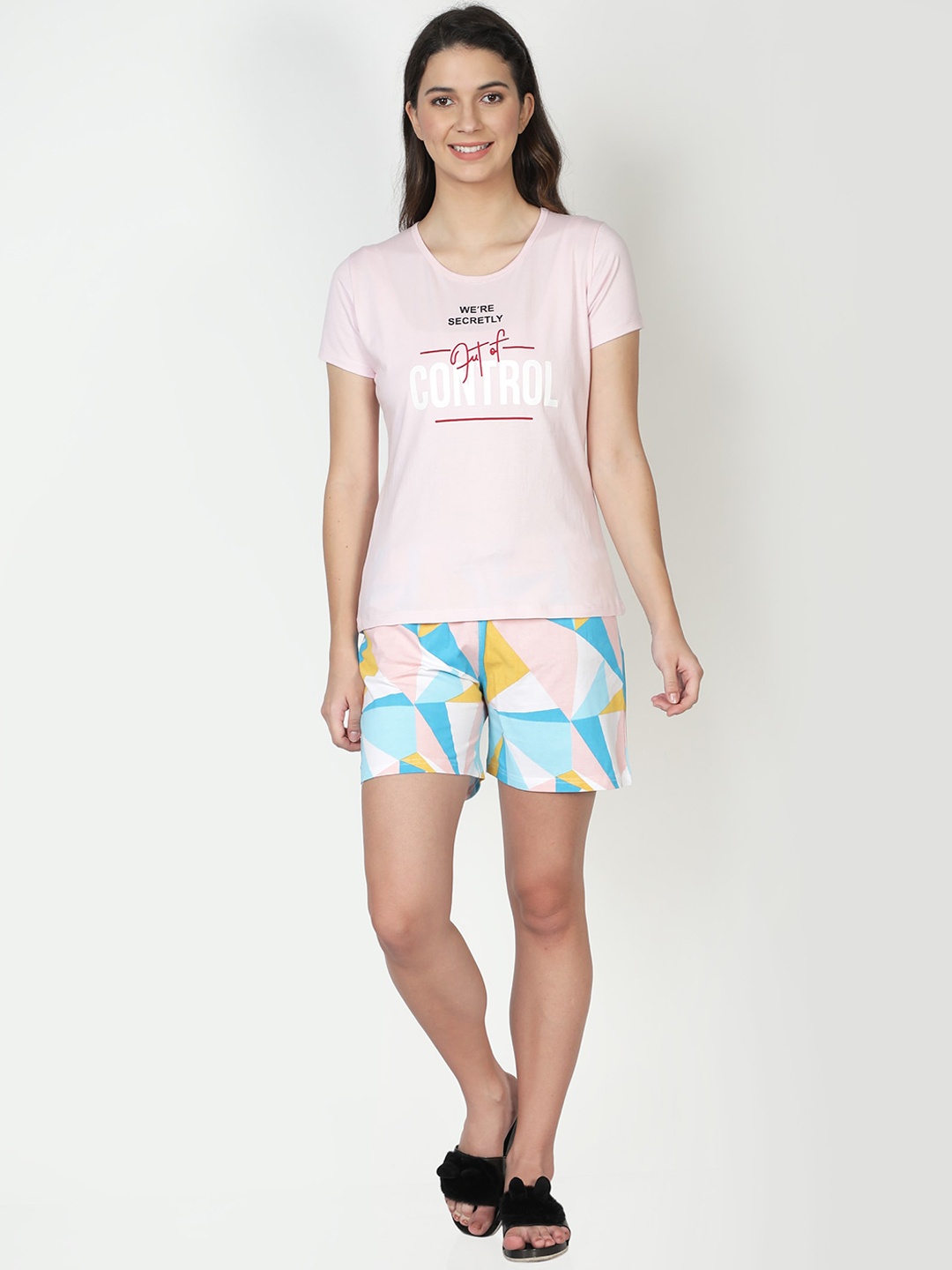 

CLUB A9 Women Pink & Blue Pure Cotton Printed Night Suit