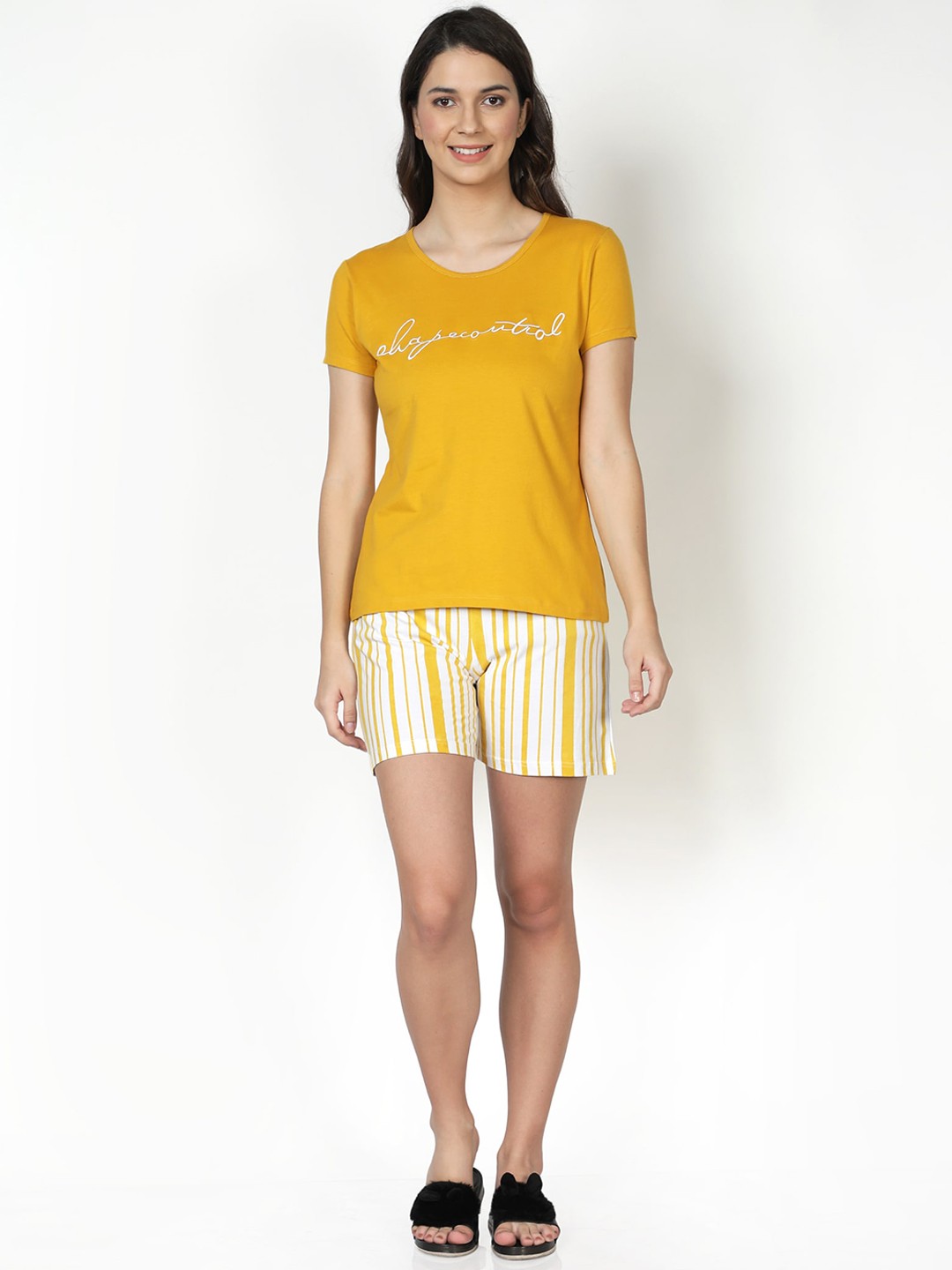 

CLUB A9 Women Mustard & White Printed Cotton Night suit