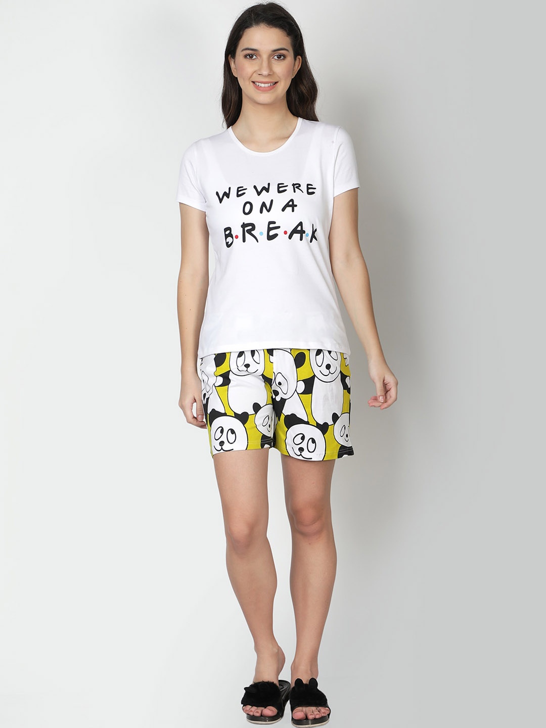 

CLUB A9 Women White & Yellow Typography Printed Night suit