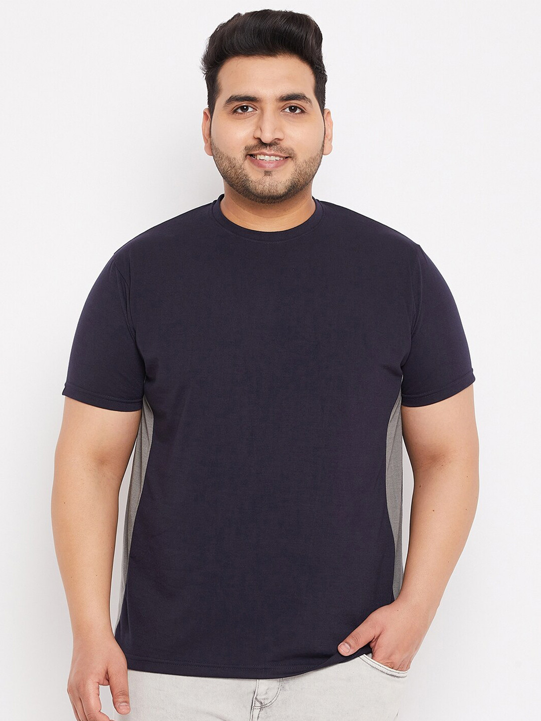 

bigbanana Men Plus Size Navy Blue Solid T-shirt