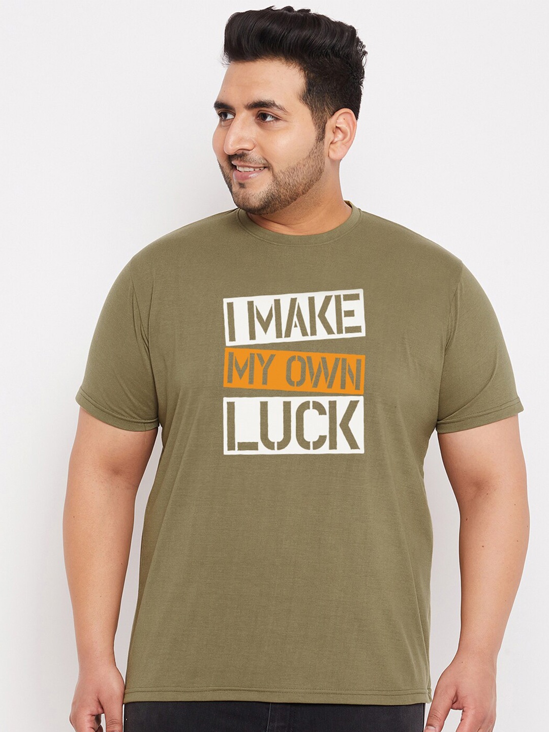 

bigbanana Men Plus Size Olive Green Typography Printed T-shirt