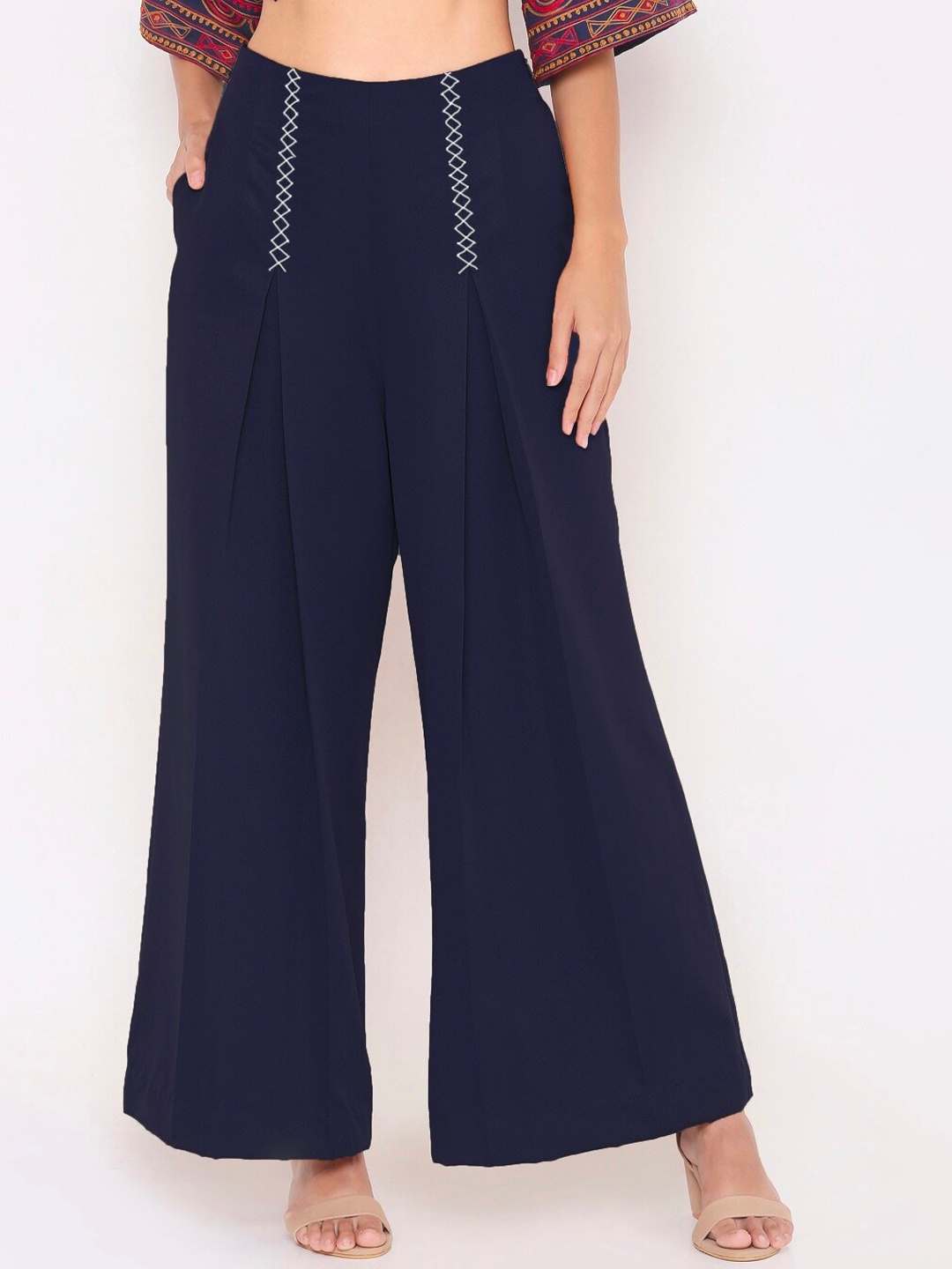 

Aturabi Women Blue Relaxed High-Rise Pleated Trousers