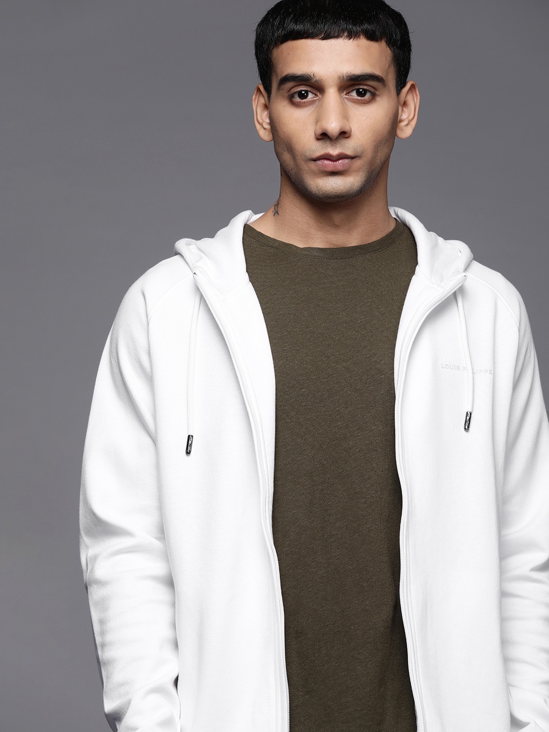 

Louis Philippe Men White Solid Front-Open Hooded Sweatshirt