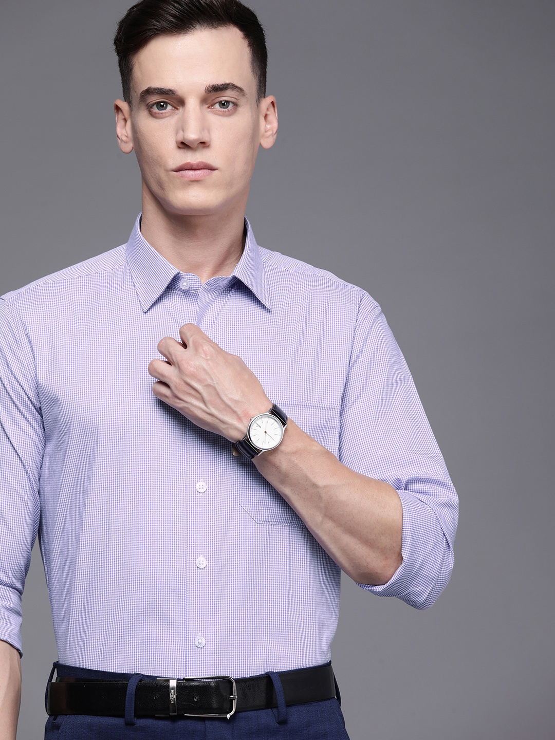 

Louis Philippe White & Purple Checked Pure Cotton Slim Fit Formal Shirt