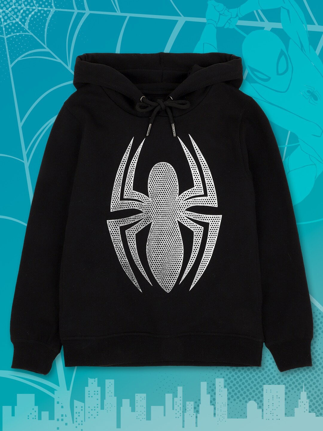 

Kids Ville Boys Black & Grey Spiderman Printed Hooded Sweatshirt