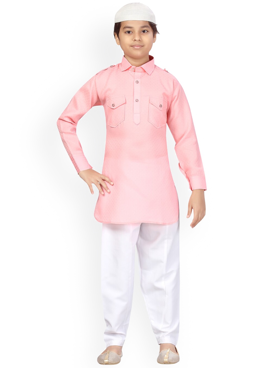 

Aarika Boys Pink Pure Cotton Kurta with Pyjamas with Cap
