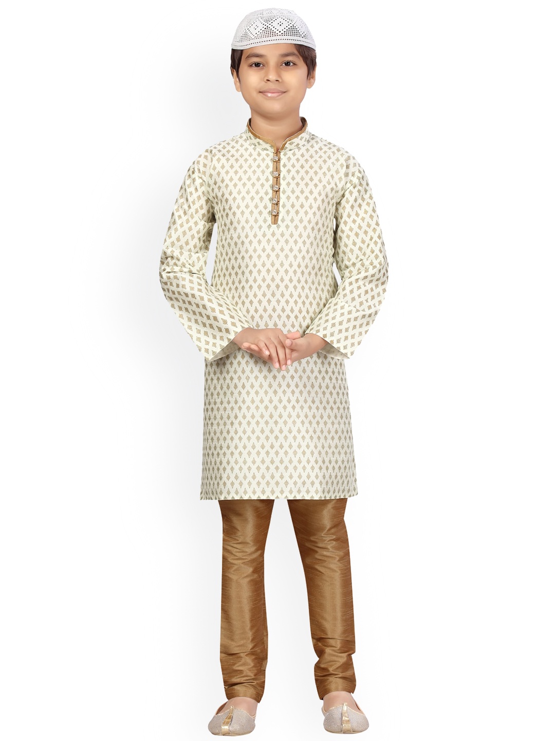 

Aarika Kids-Boys Cream-Coloured Yoke Design Pure Silk Kurta with Pyjamas