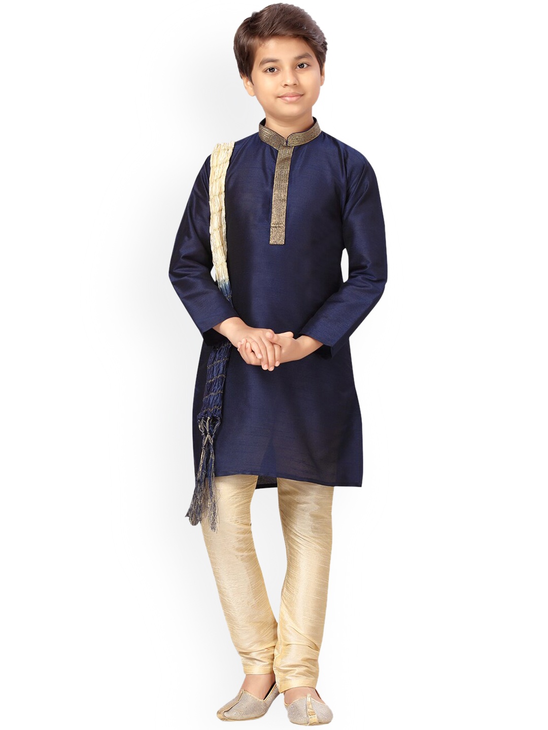 

Aarika Boys Navy Blue Yoke Design Pure Silk Kurta with Churidar