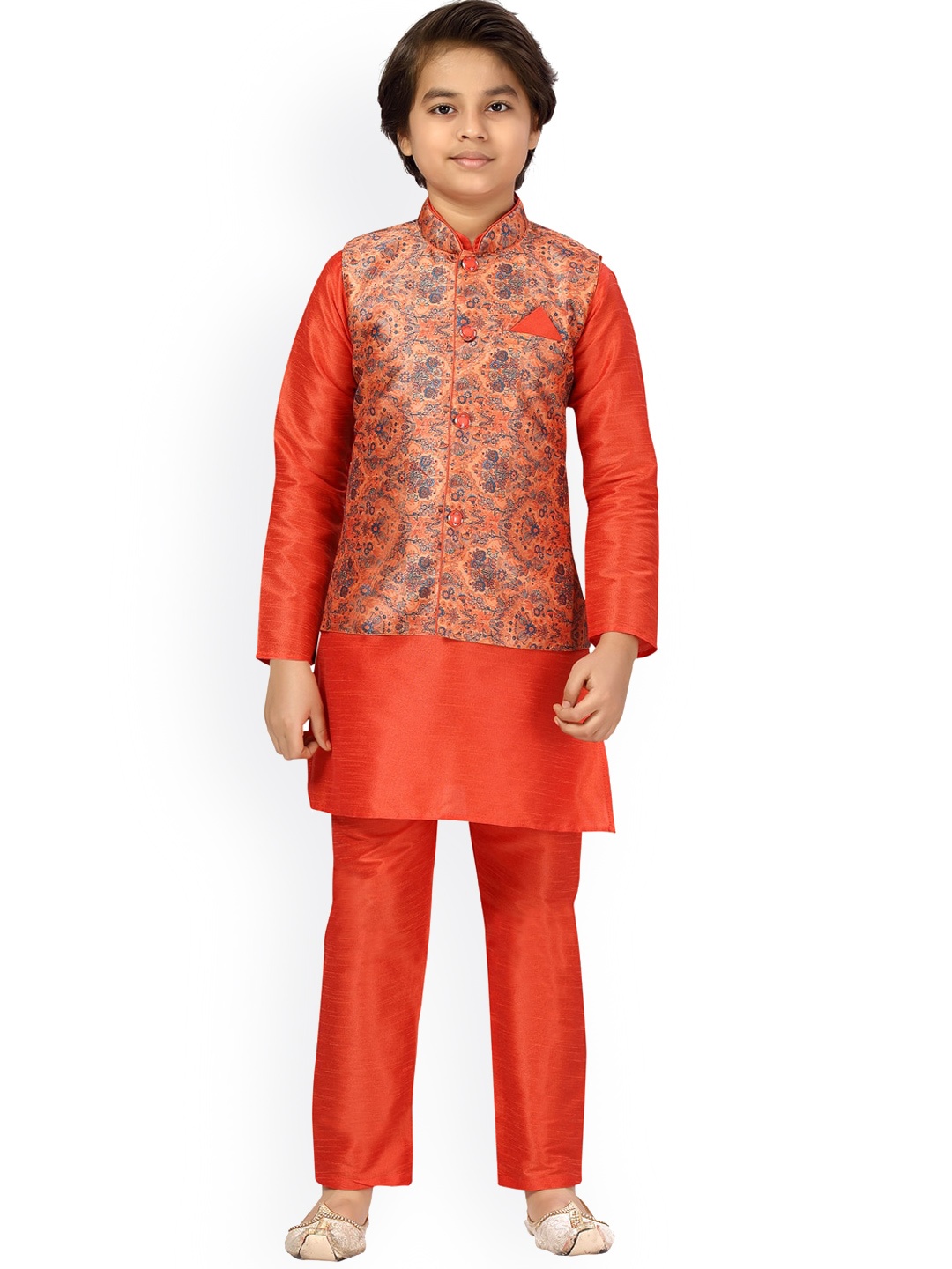 

Aarika Boys Orange Ethnic Motifs Pure Silk Kurta with Pyjamas & Jacket