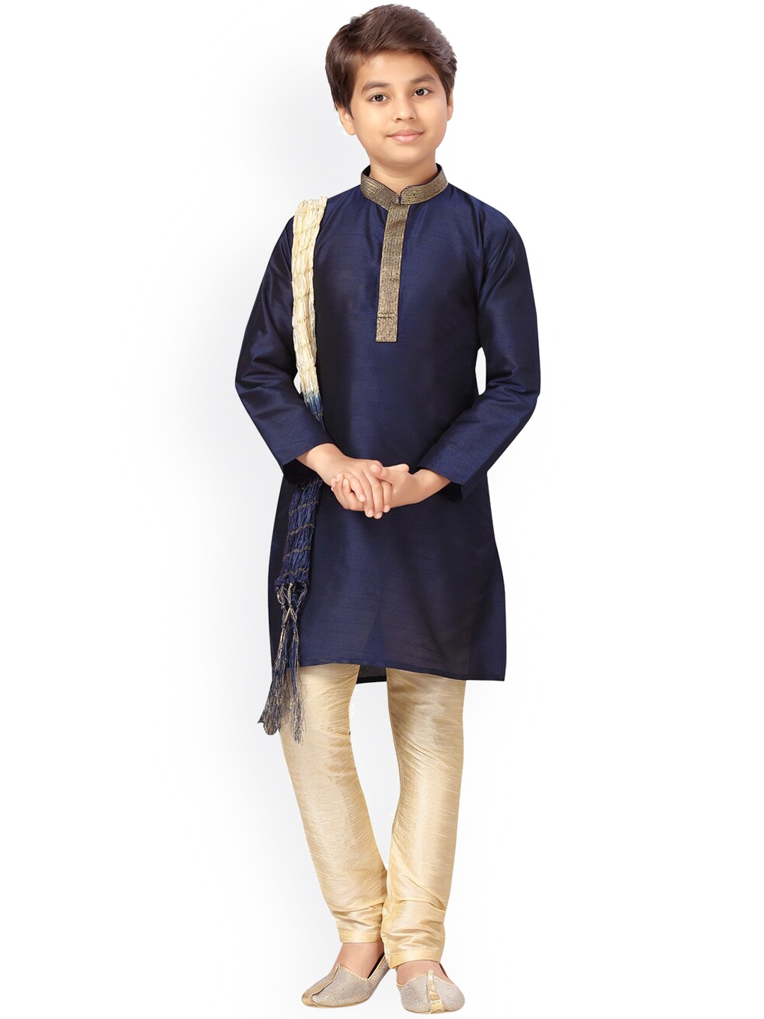 

Aarika Boys Navy Blue Yoke Design Pure Silk Kurta with Churidar