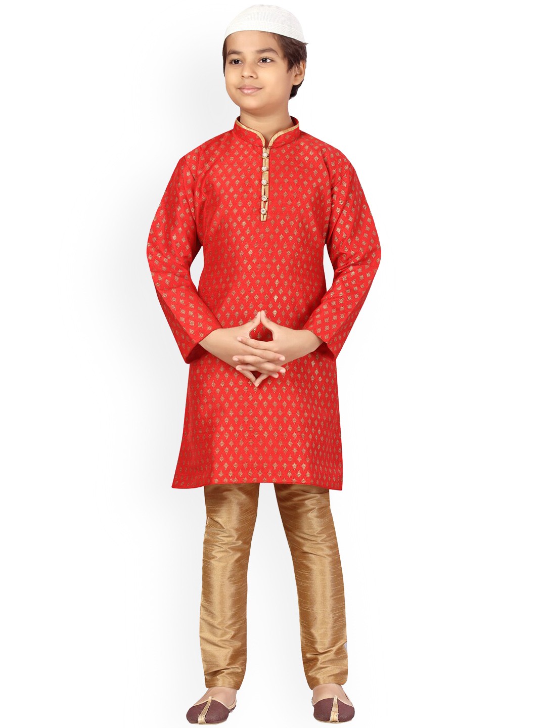 

Aarika Boys Red-Gold Color Kurta Pyjama With Cap