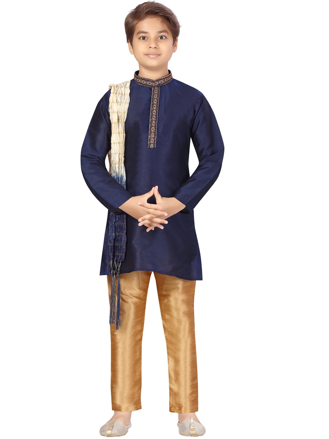 

Aarika Boys Navy Blue Pure Silk Kurti with Pyjamas & With Dupatta