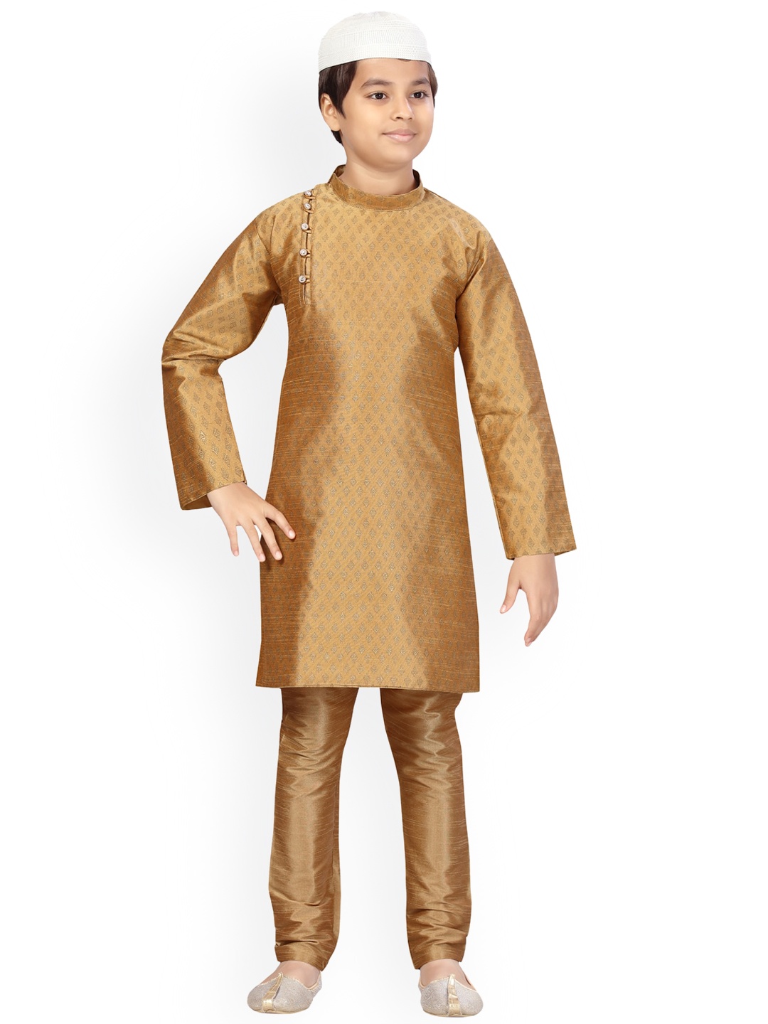 

Aarika Boys Gold-Toned Pure Silk Ethnic Motifs Kurta - Pyjama With Cap
