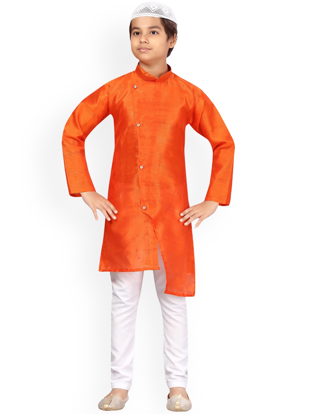 

Aarika Boys Orange Embroidered Pure Silk Kurta with Trousers