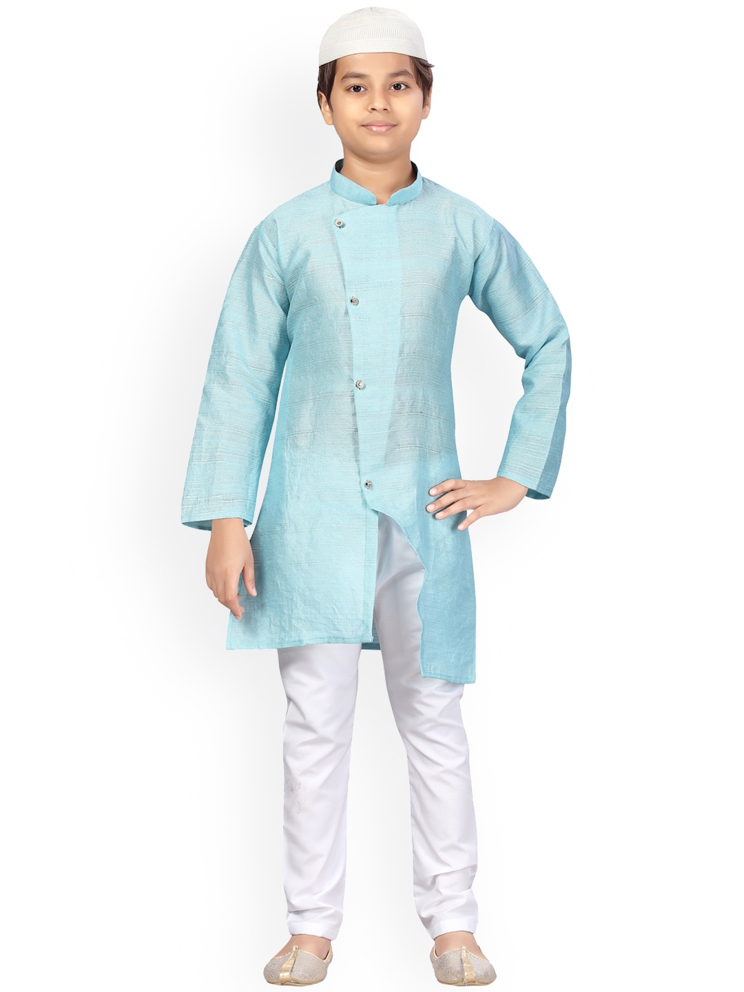 

Aarika Boys Turquoise Blue Pure Silk Kurta with Pyjama & Cap