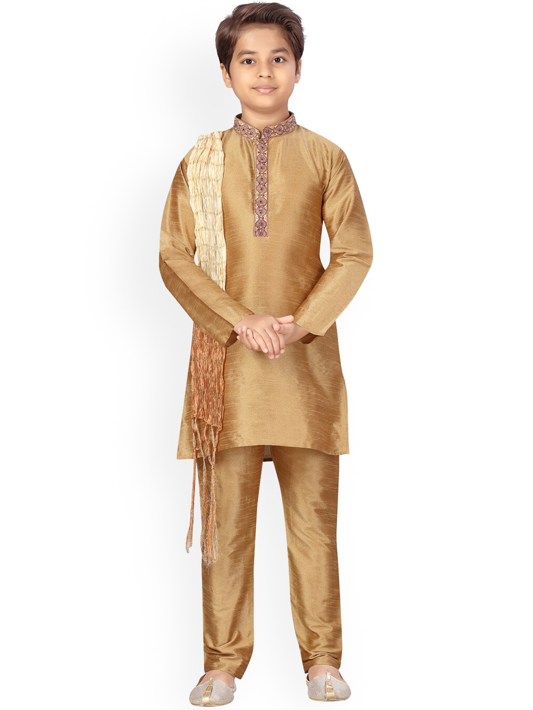

Aarika Boys Gold-Toned Pure Silk Kurta with Pyjamas & Dupatta