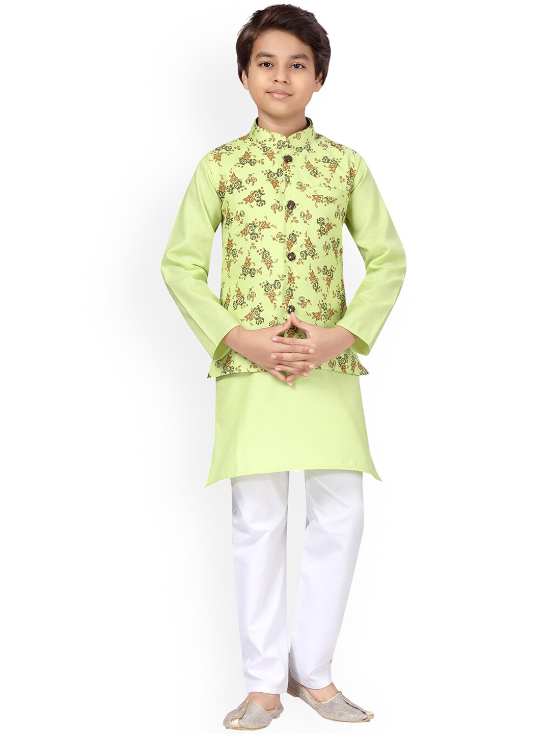 

Aarika Boys Green Printed Pure Cotton Sherwani With Pyjama & Waistcoat