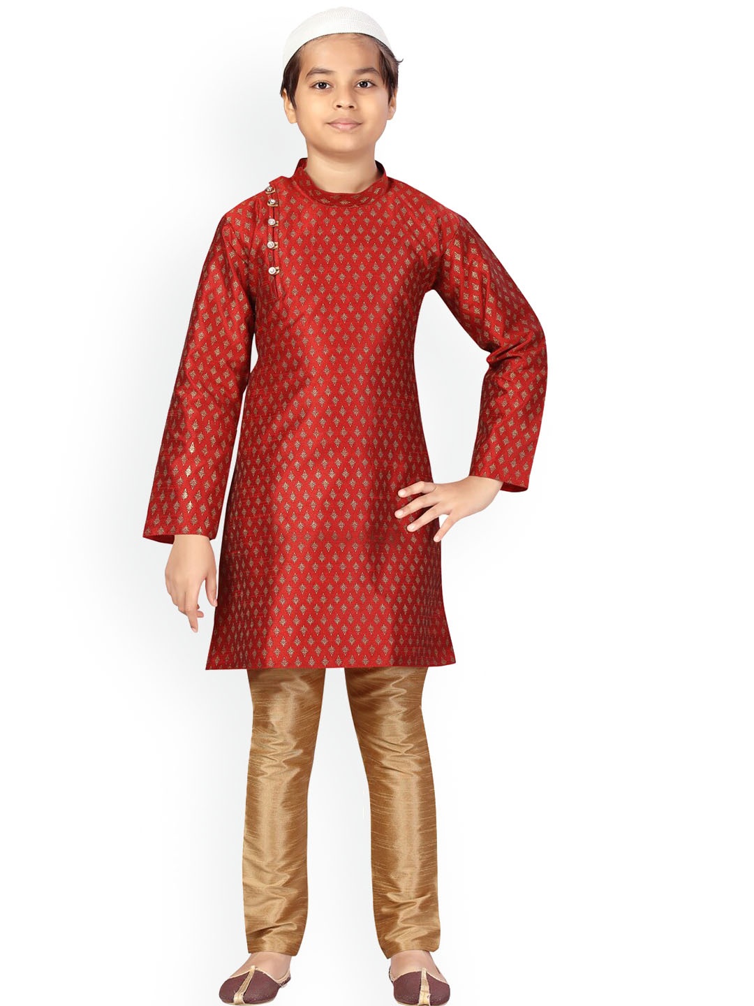 

Aarika Boys Maroon Ethnic Motifs Printed Pure Silk Kurta with Churidar