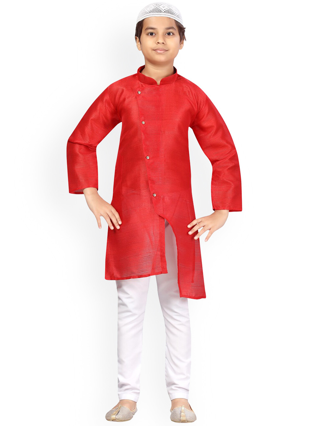 

Aarika Boys Red and White Angrakha Pure Silk Kurta with Pyjama