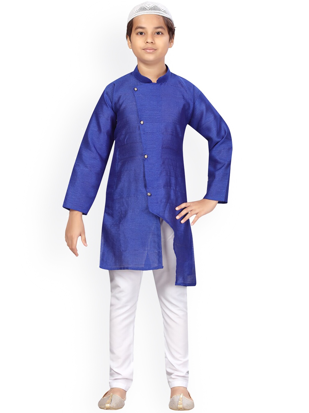 

Aarika Boys Blue Pure Silk Mandarin collar Kurta with Pyjama & Cap