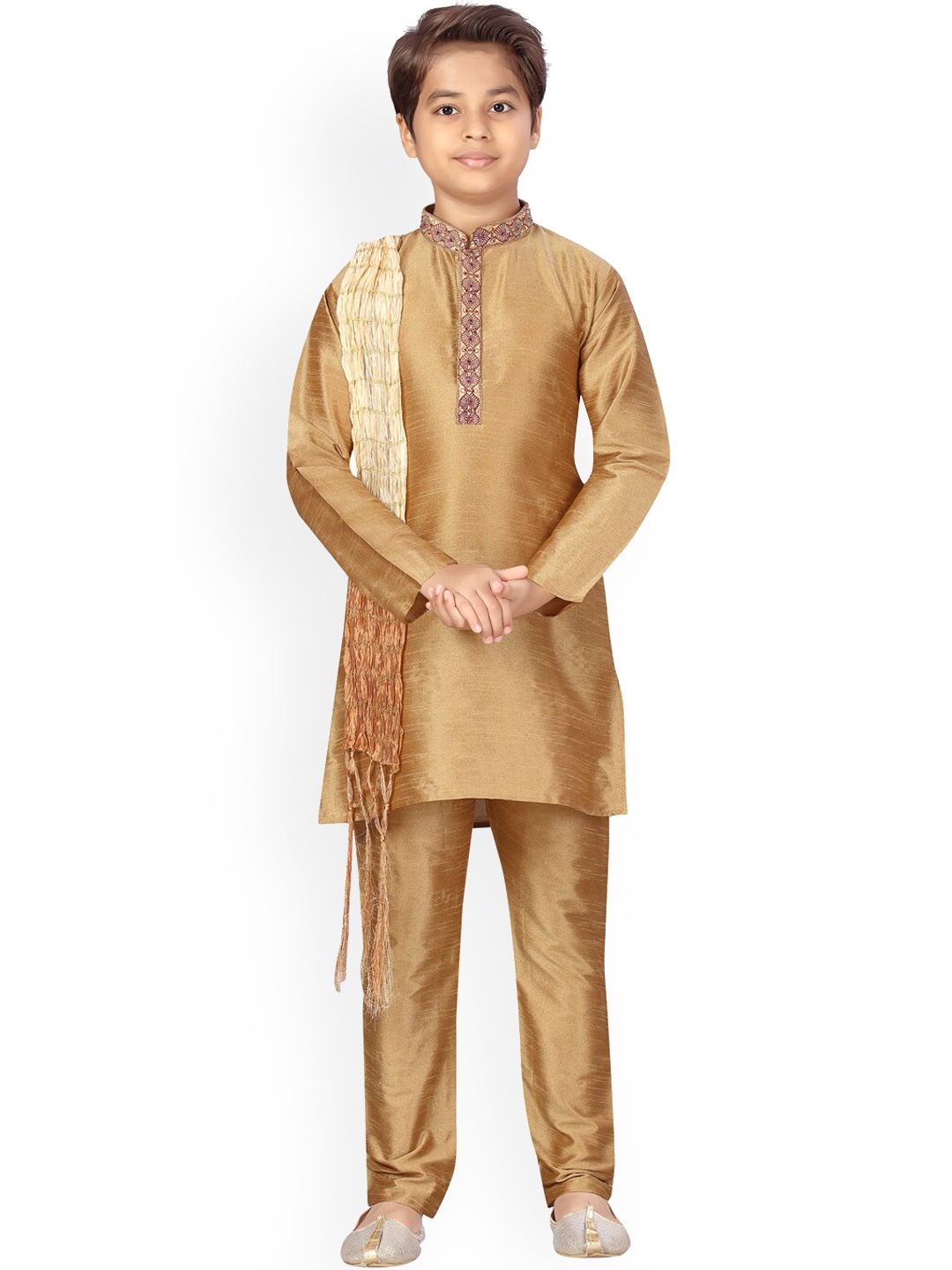 

Aarika Boys Gold-Toned Pure Silk Kurti with Pyjamas & With Dupatta